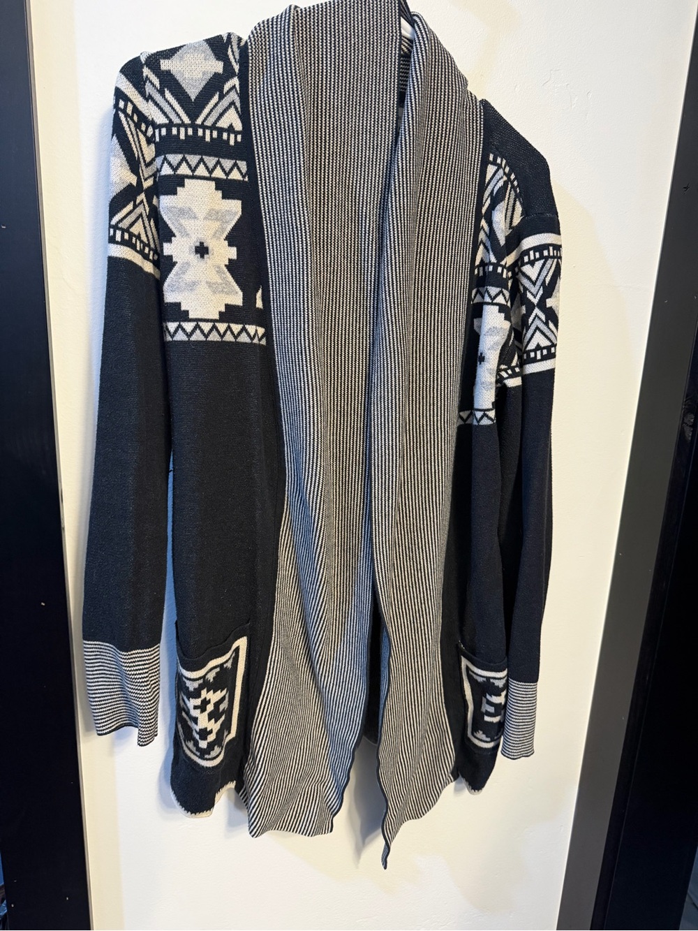 if it were me Black & Cream Patterned Open-Front Cardigan